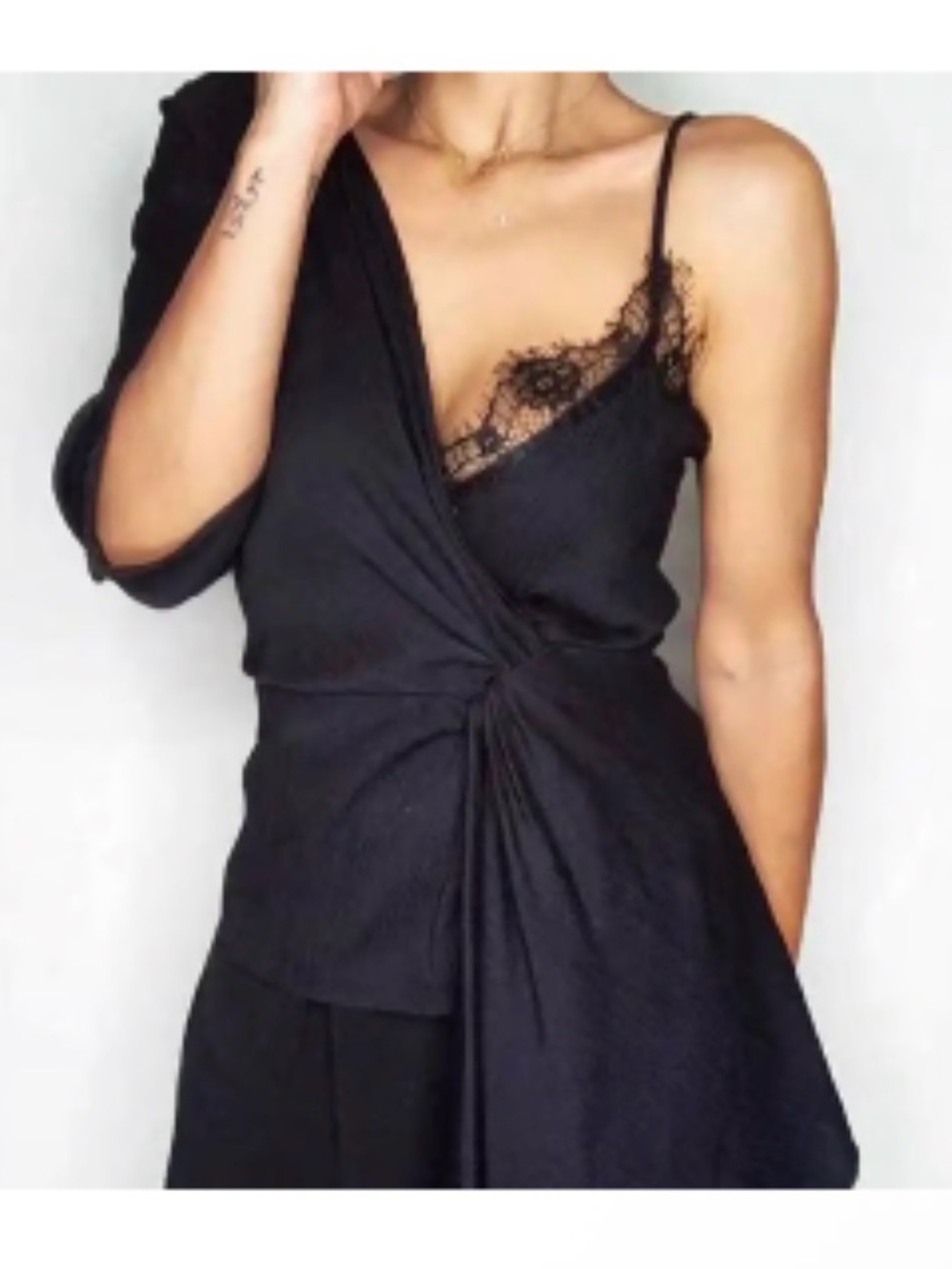S Zara Black Asymmetrical Lace-Trim Wrap Top